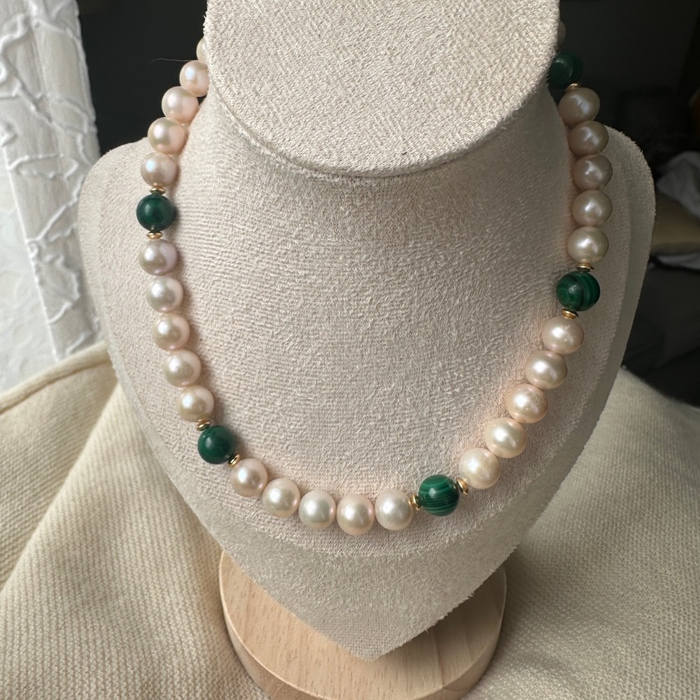 Freshwater pearls and malachite necklace sterling